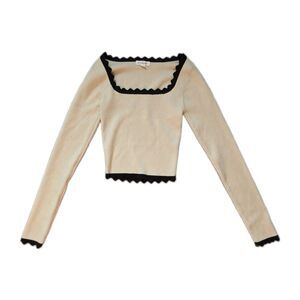 Blu Pepper Cream Long Sleeve Crop Top with Black Scalloped Trim